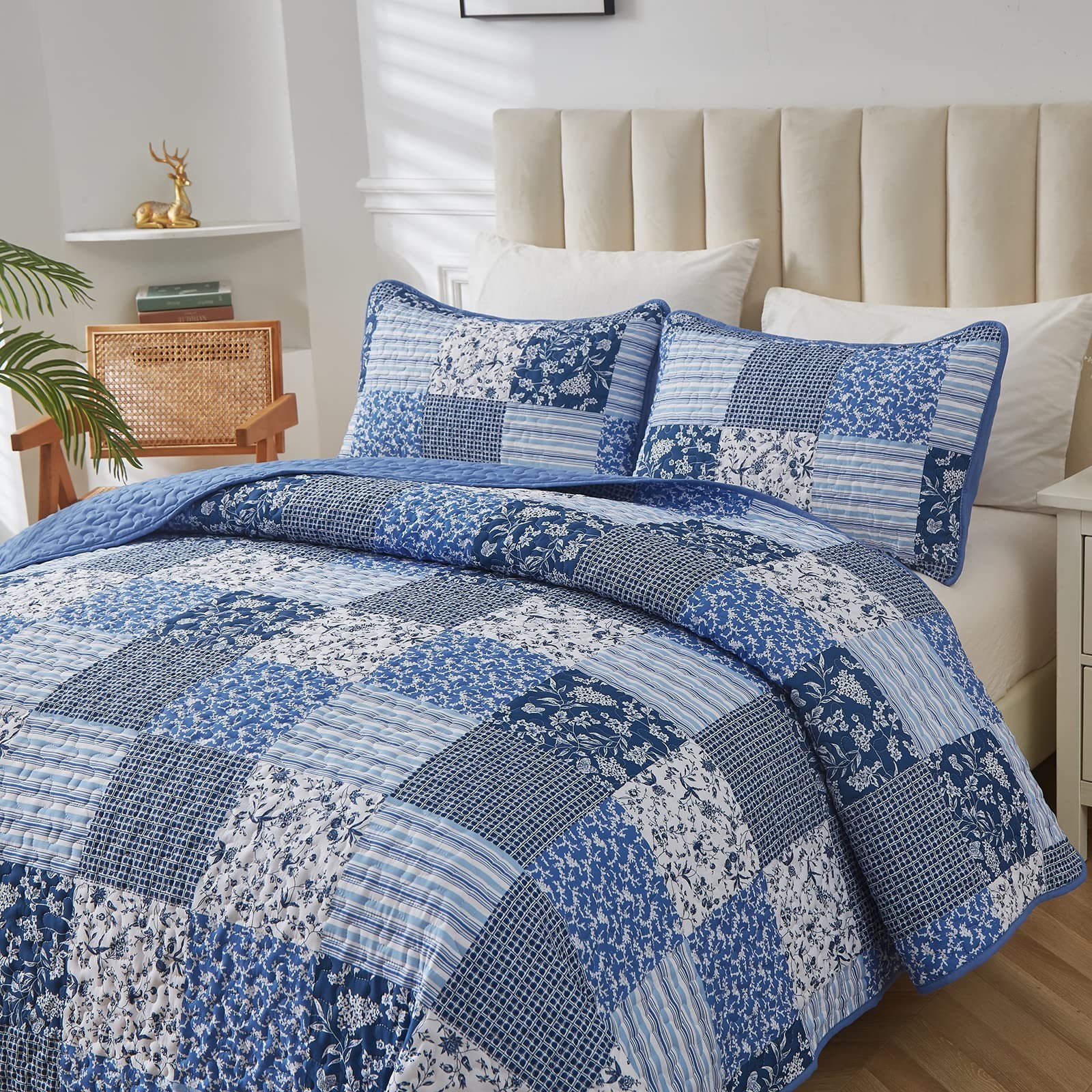 King Size Blue Boho Quilt Set - 3 Piece Plaid Floral Bedspread, Reversible Beddi gallery