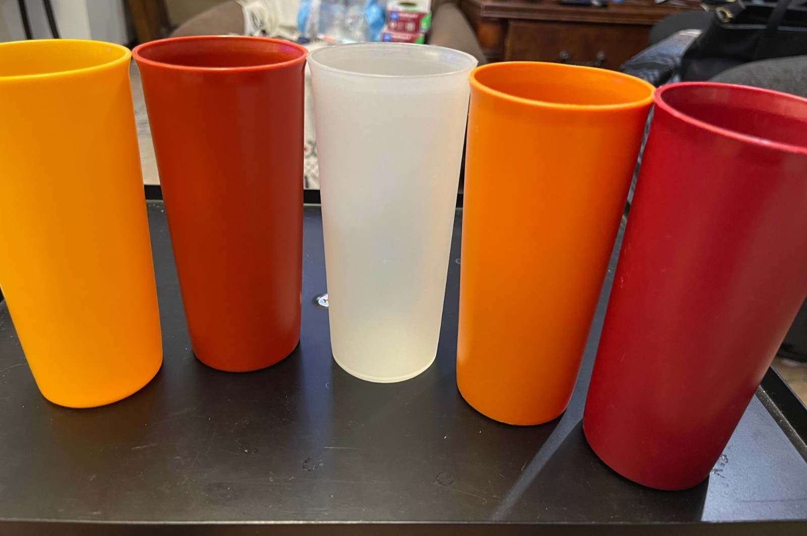 5-Tupperware 12 oz. Tumblers 2 red,1 yellow,1 orange 1clear no.115-34,36,33 gallery