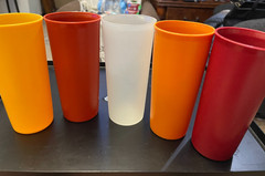 5-Tupperware 12 oz. Tumblers 2 red,1 yellow,1 orange 1clear no.115-34,36,33