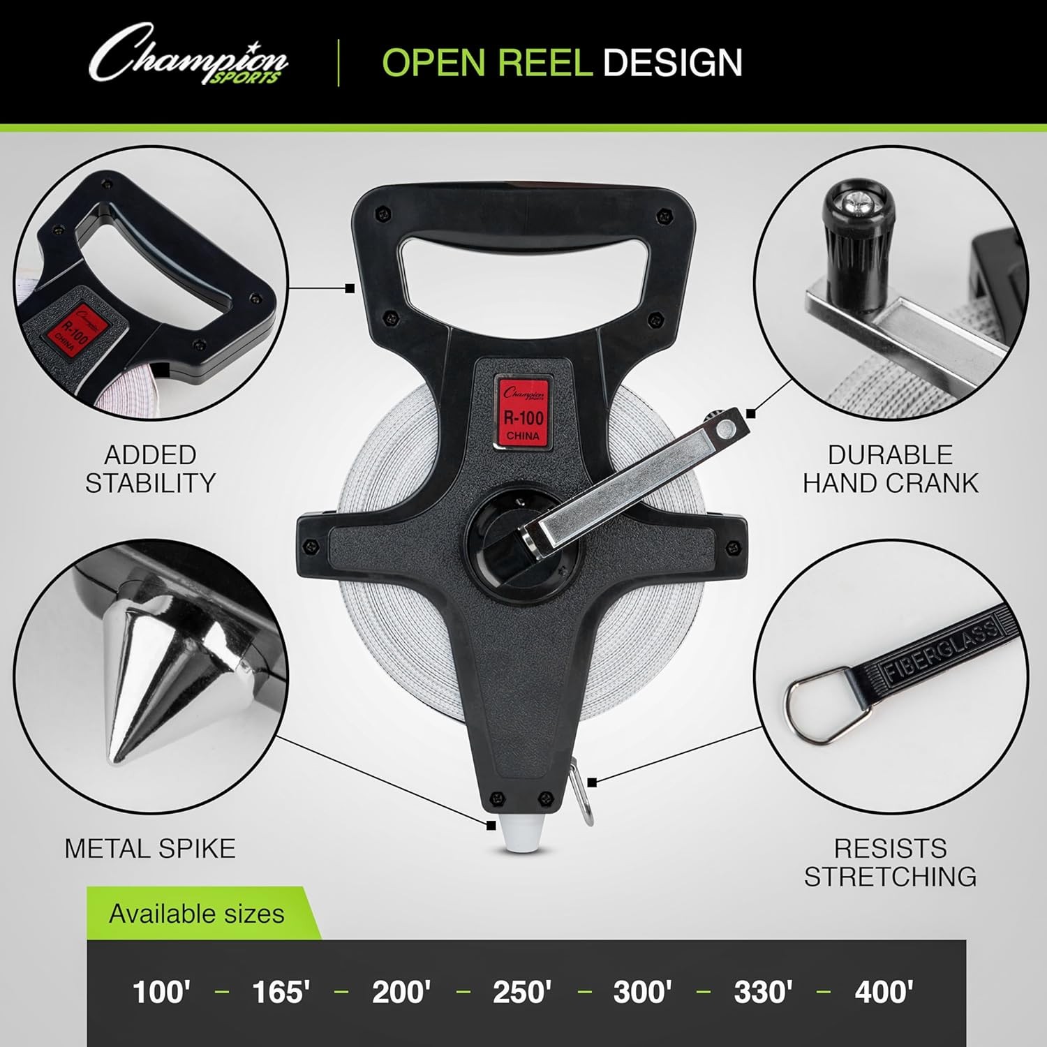 Open Reel Measure Tape, 100 Ft, 30 Meters, with Metal Spike gallery