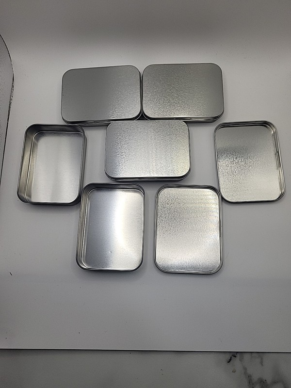 5 NEW Rectangular Plain Tin Containers w/Lids FDA Approved 3.75x2.75x0.75 gallery