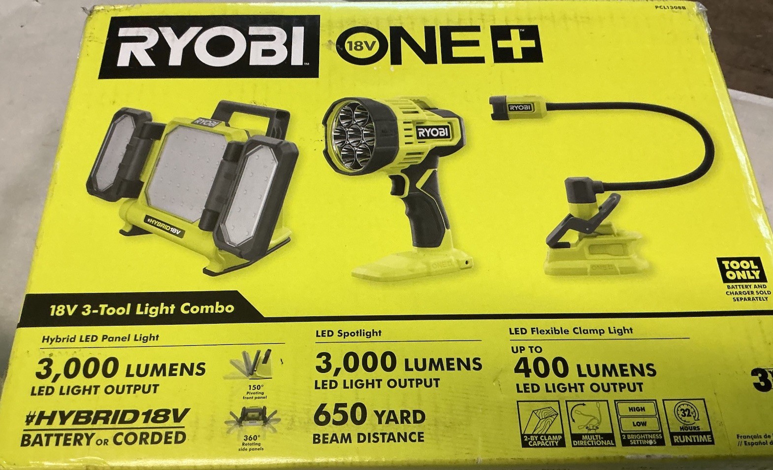 RYOBI 18V 3-Tool Light KIT LED -Hybrid Panel, Spot & Clamp Light PCL1308B NEW gallery