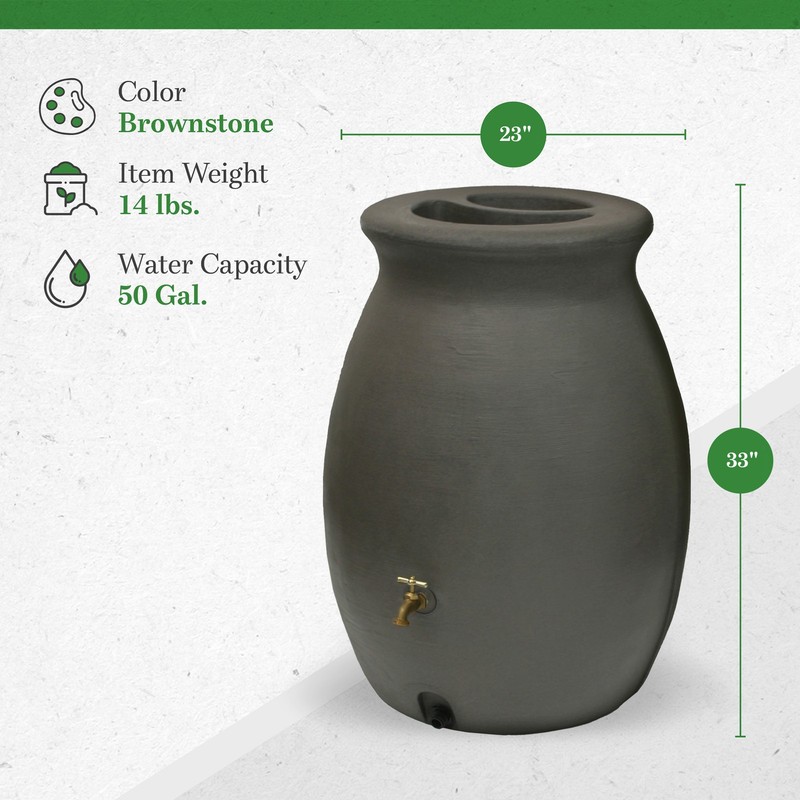 Algreen Castilla 50 Gallon Plastic Rain Water Collection Barrel, Brownstone gallery