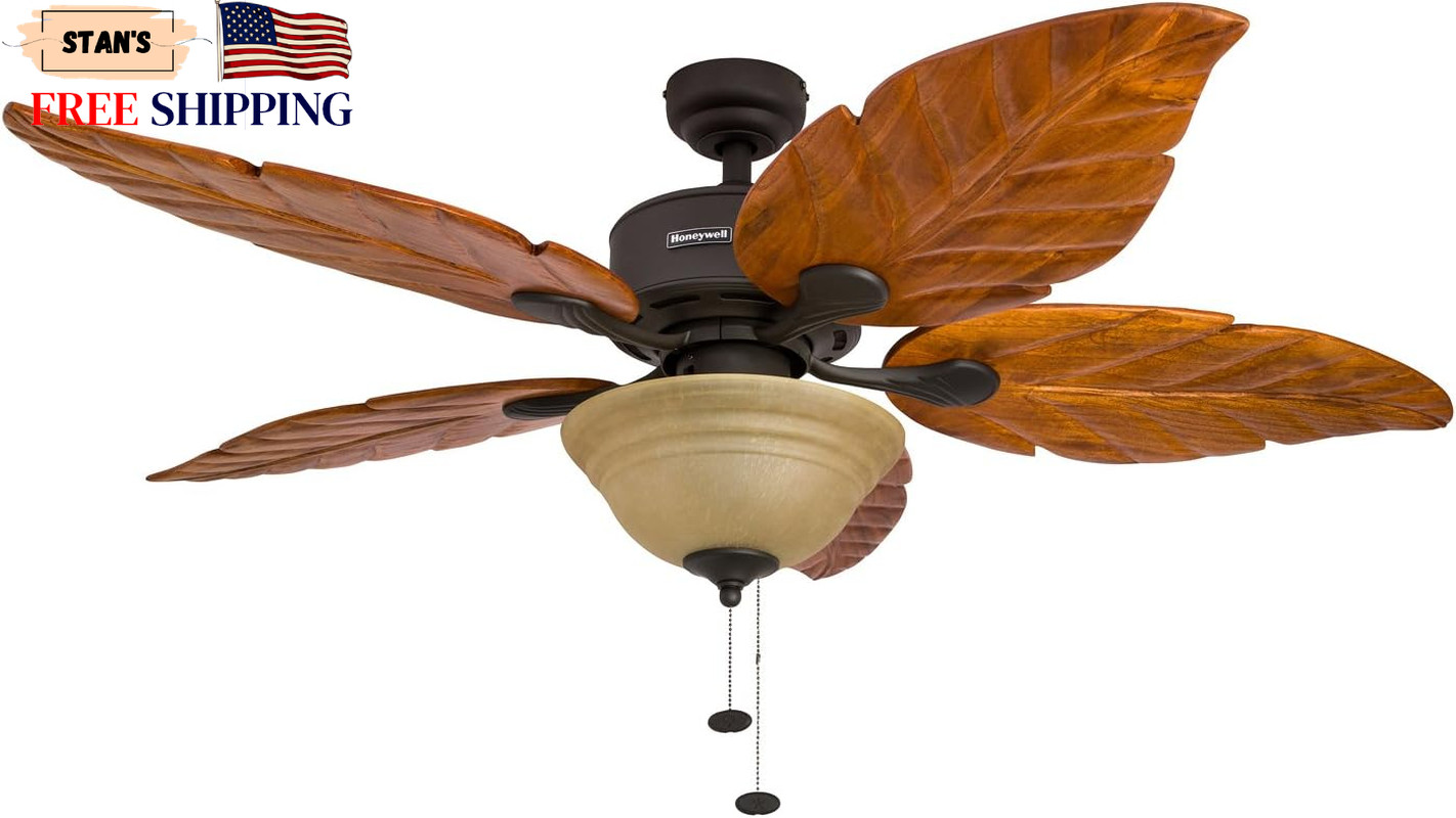 Tropical 52" LED Ceiling Fan with Light & Hand Carved Wood Blades Bronze NEW gallery