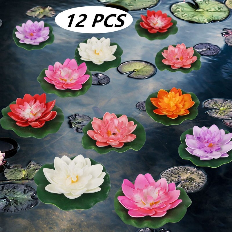 12Pcs 4inch Floating Foam Lotus Flowers Artificial Pond Plants with Lily Pads US gallery