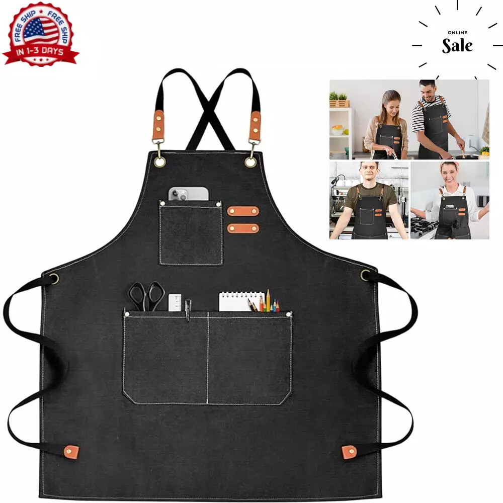 HEAVY DUTY Canvas Kitchen Chef Cooking Apron Cross-Back Adjustable Bib 3 Pockets gallery