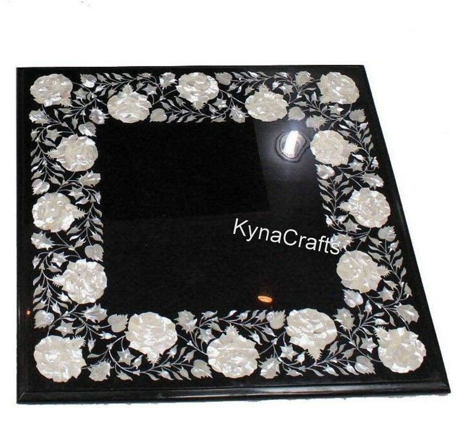 Black Marble Coffee Table Top Floral Design Inlay Work Center Table for Office gallery