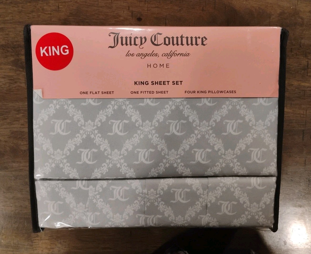 JUICY COUTURE 6-Piece Sheet Set - King - GRAY "JC" Flat, Fitted, 4 Pillowcases gallery