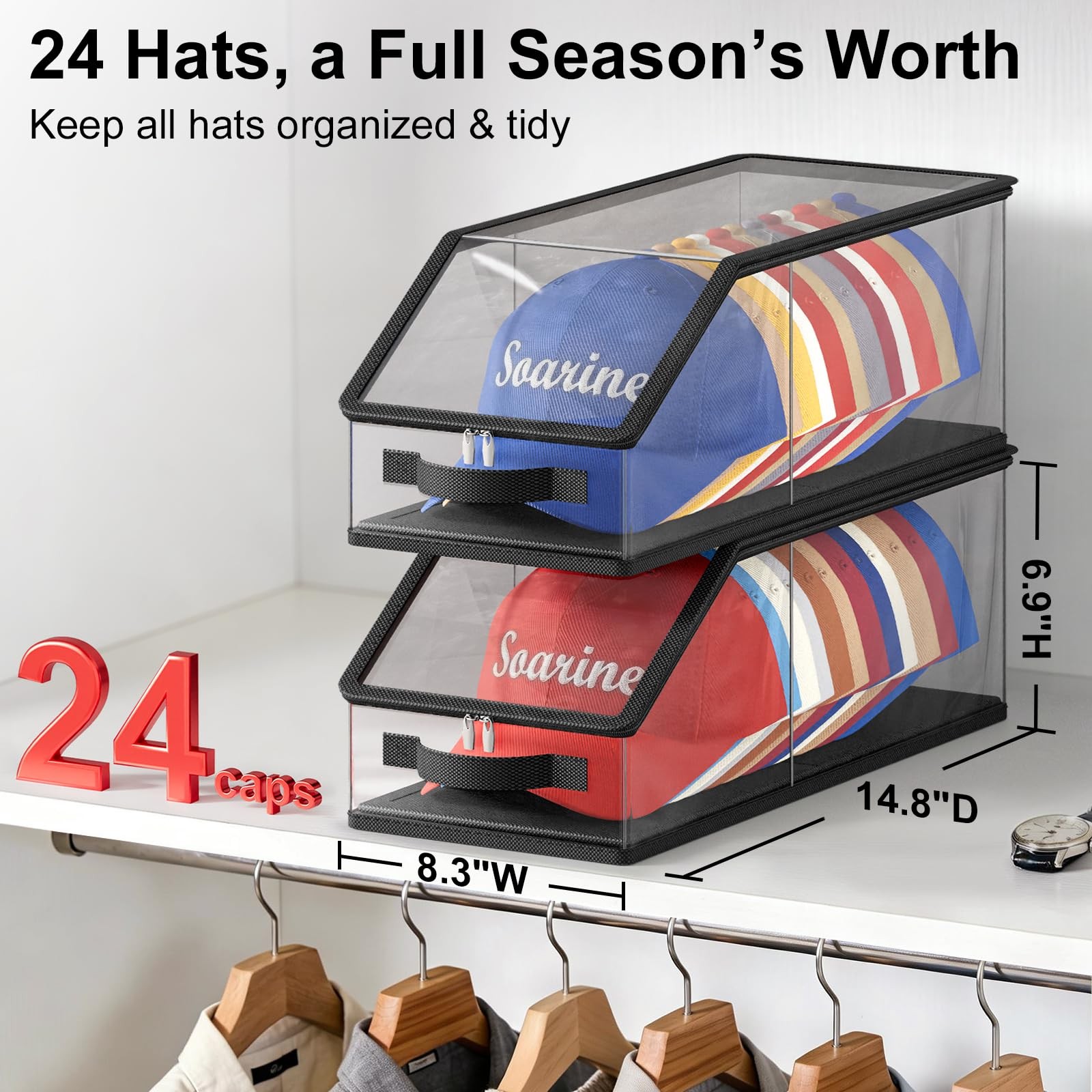 2 Pack Stackable Hat Storage Box Clear Closet Hat Organizer for Baseball Cap gallery