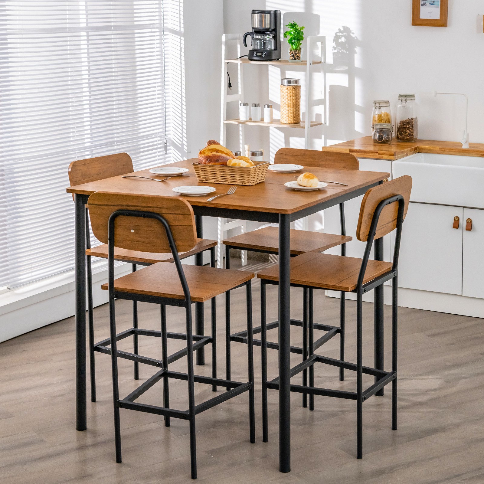 Costway 5PCS Dining Table Set W/ Counter Height Table & 4 Bar Stools W/ Footrest gallery