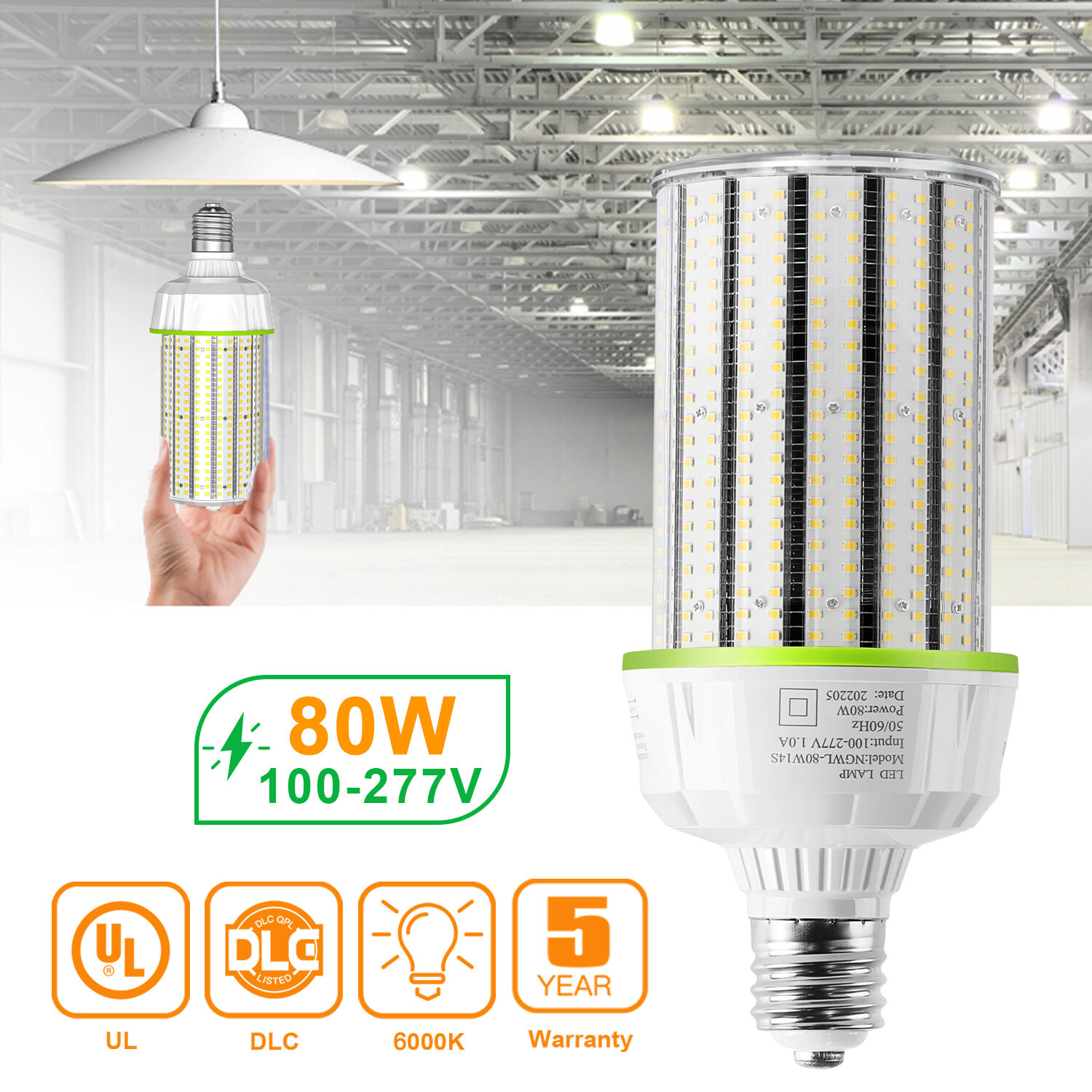 300W Equivalent LED Bulb 610-Chip Corn Light E39 12000lm 80W Cool Daylight 6000K gallery