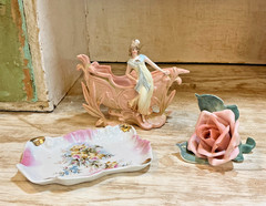 VTG Victorian Style Porcelain Vanity Set Lady Planter Karl Ens Rose Trinket Dish