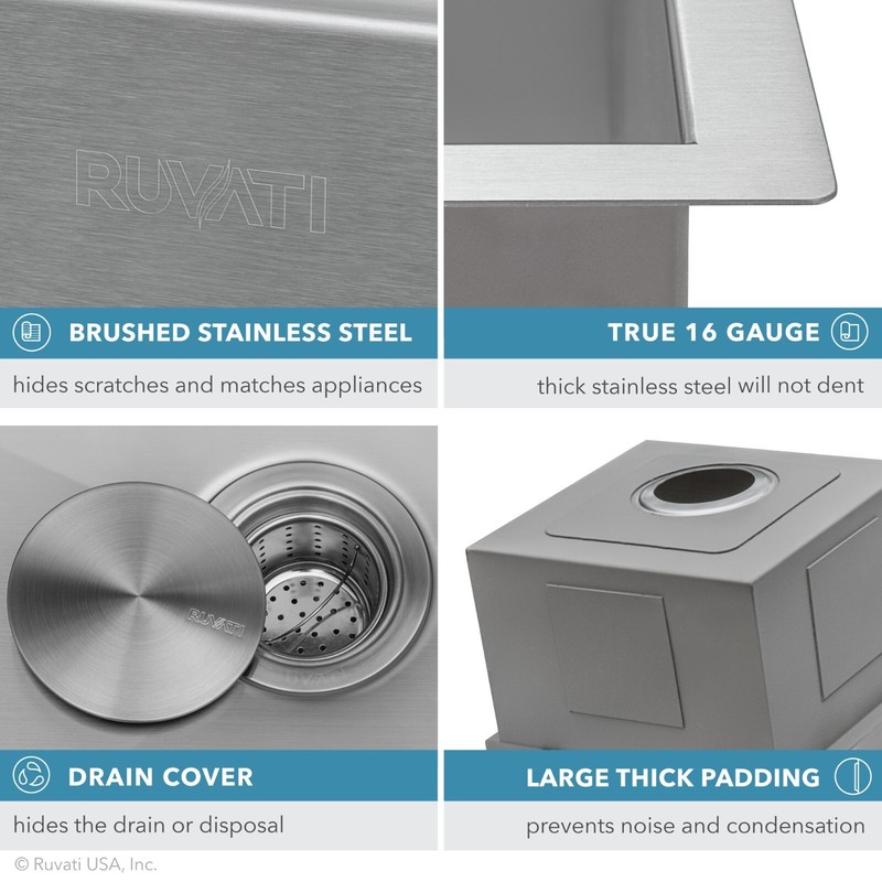 Ruvati 23″ Workstation Ledge Bar Prep Kitchen Sink 16 Gauge Single Bowl– RVH8308 gallery