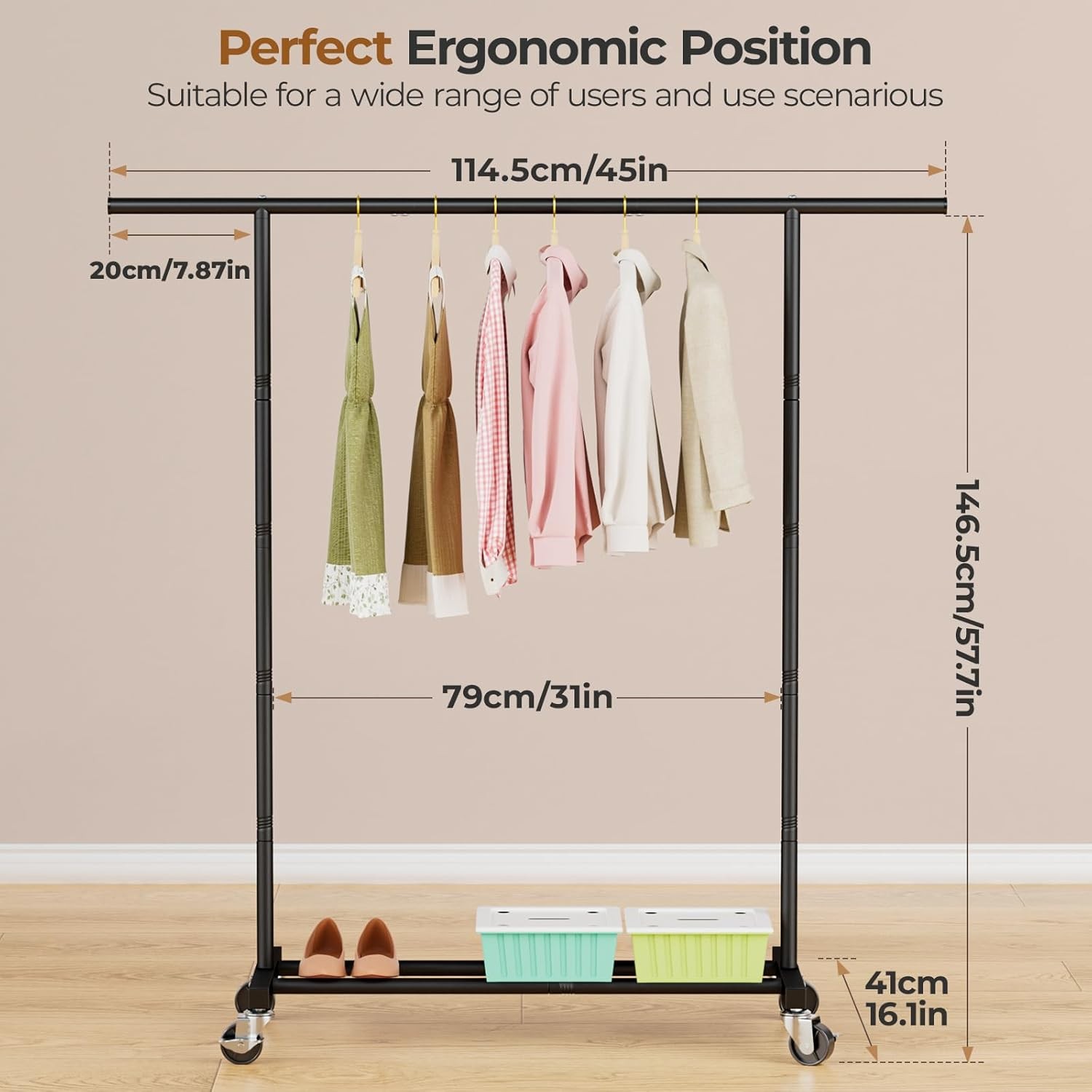 Clothes Rack for Hanging Clothes, Clothing Rack with Wheels, for Laundry, Room- gallery