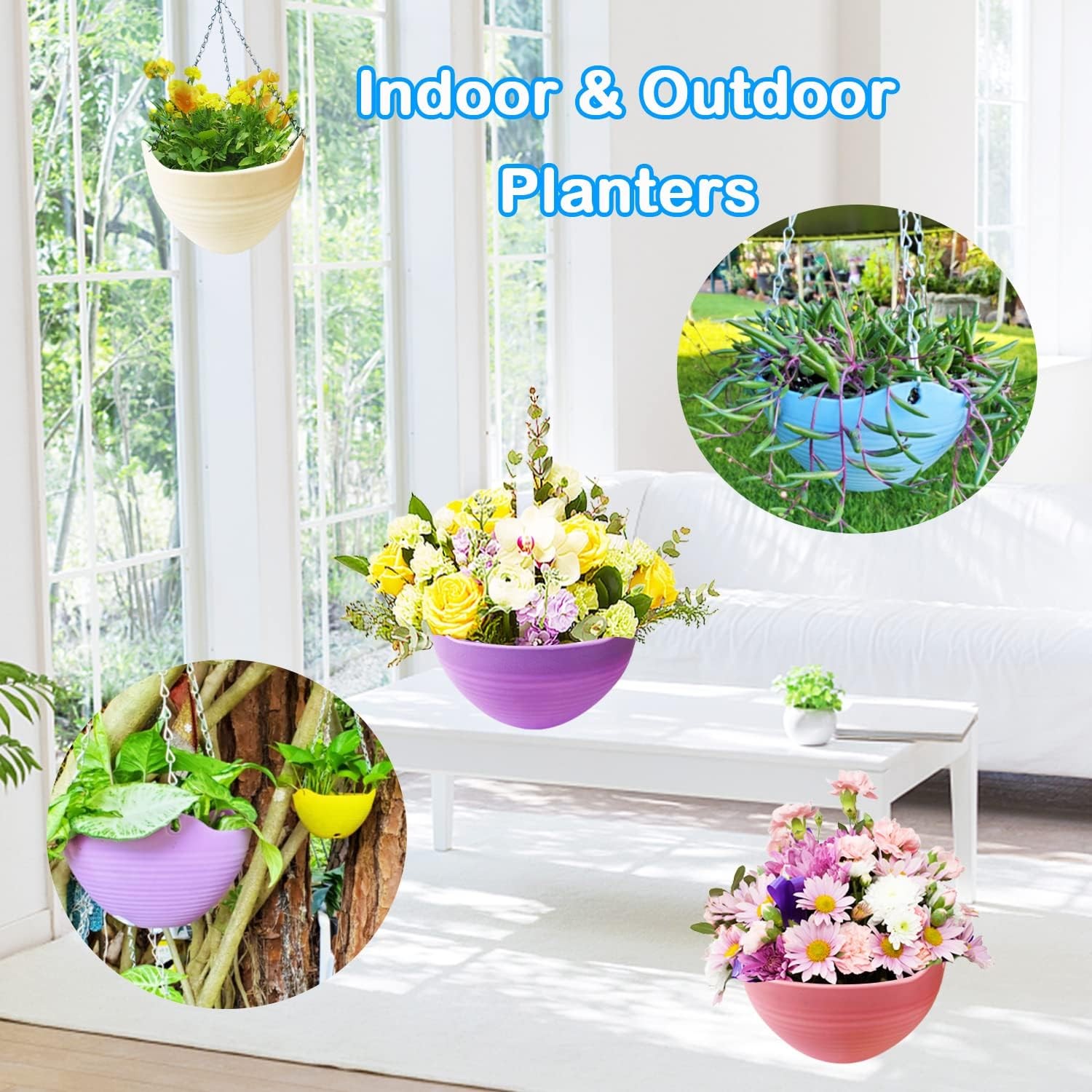Colorful 8-Inch Self-Watering Hanging Planters - 7 Pack Plastic Pots gallery