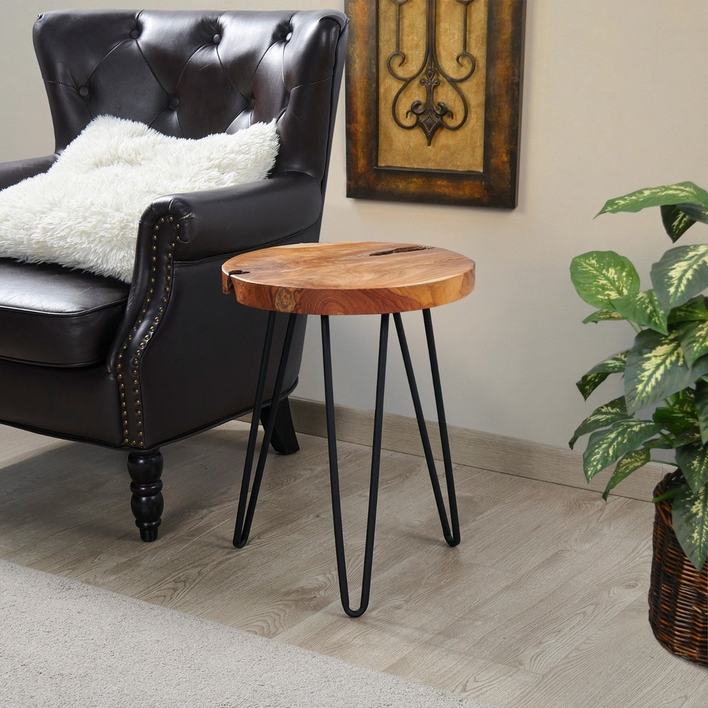 Greenage Rustic Teak Round End Table –Natural Wood Side Table Nightstand 21" H