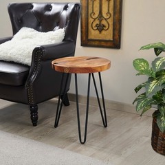 Greenage Rustic Teak Round End Table –Natural Wood Side Table Nightstand 21″ H