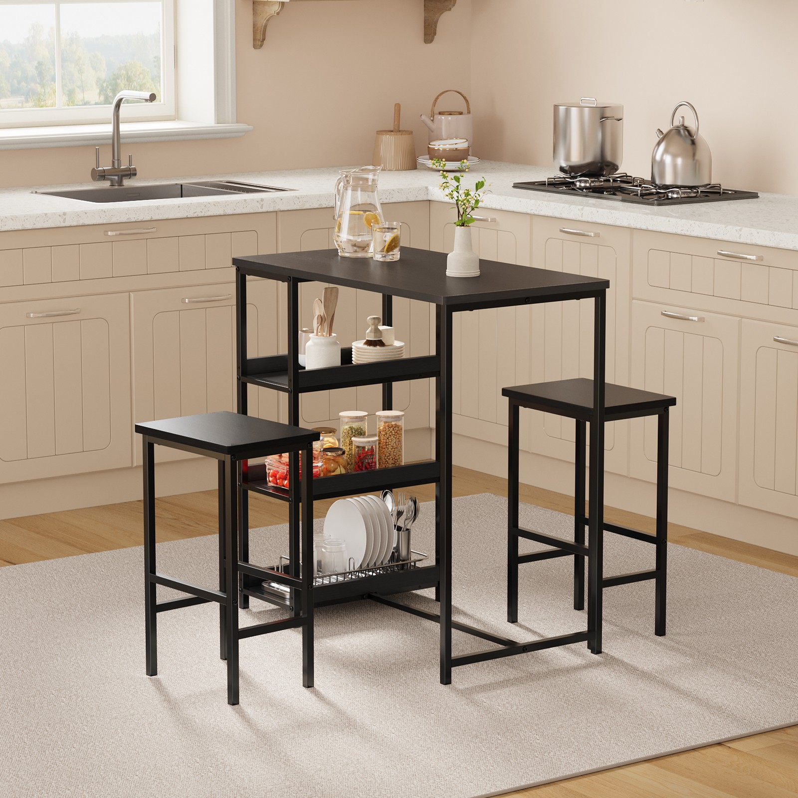 36" Dining Table Set for 2, Kitchen Table and 2 Bar Stools with Storage Shelves gallery