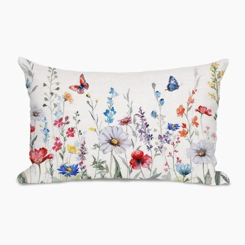 Spring Summer Pillow Cover 12x20 Inch Floral Red Blue Wild Flowers and Blue Red gallery