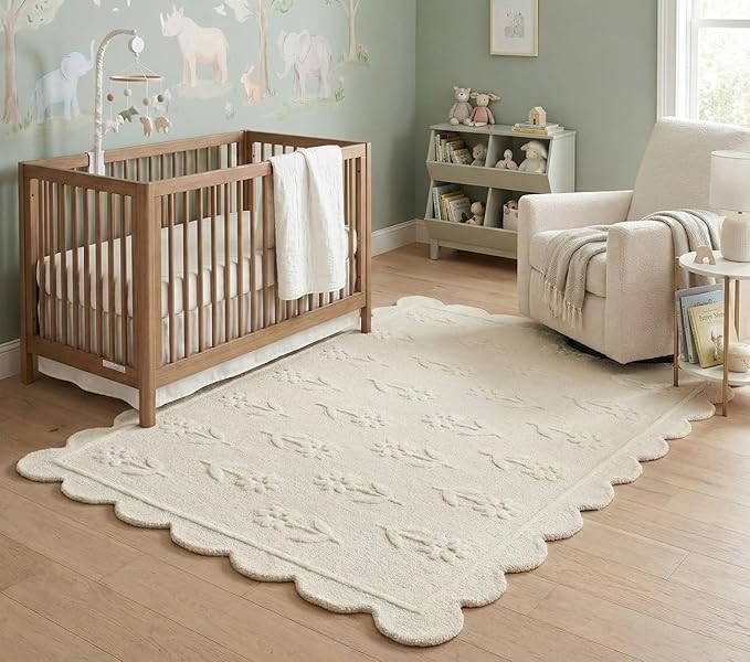 Hand Tufted Wool Rug - Elegant Wavy Border & Raised Floral Design - Modern Boho gallery