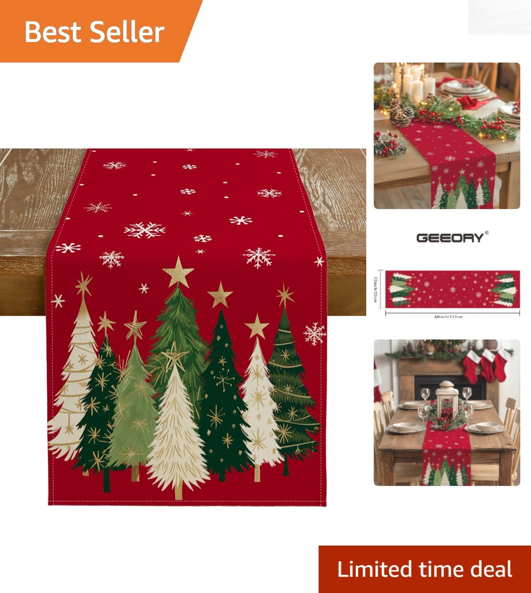 Elegant 13x48 Inch Christmas Table Runner - Red Snowflakes & Floral Design gallery