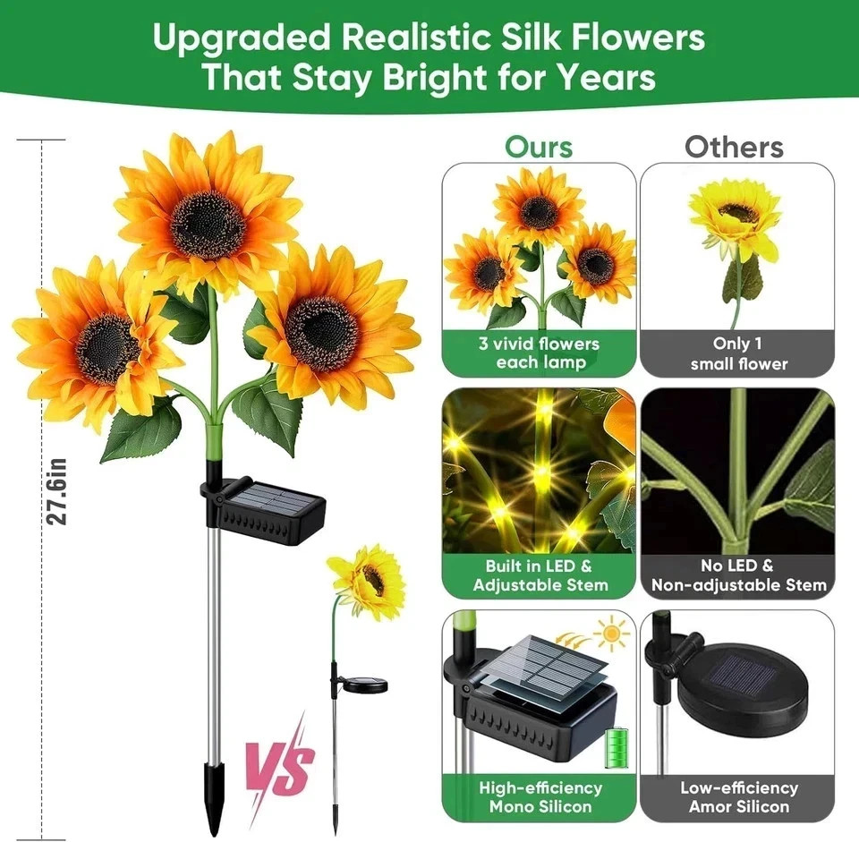 Solar Flowers Outdoor Waterproof: 3 Pack 9 Silk Sunflower Solar Lights with 800M gallery