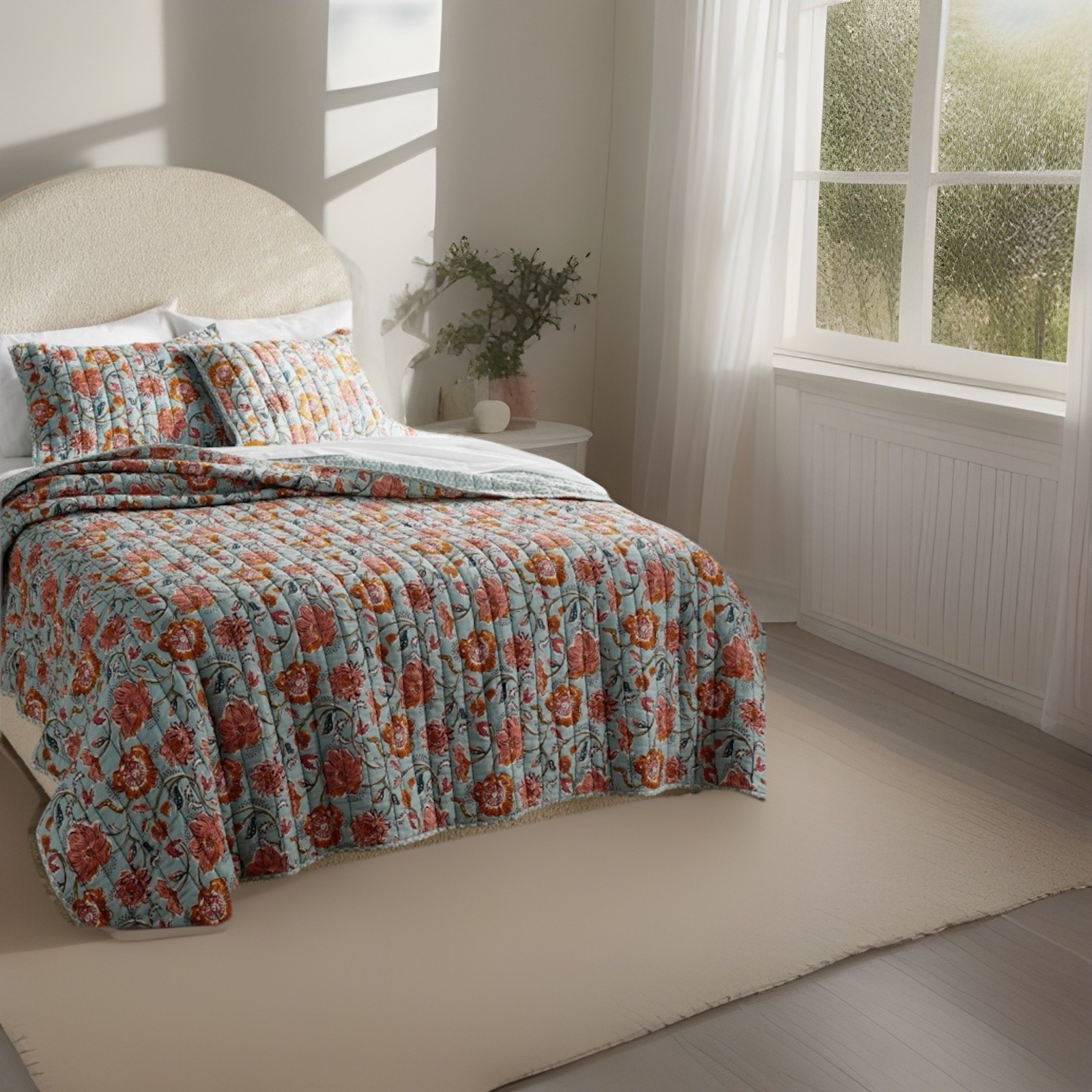 Threshold Full/Q Printed Voile Quilt Earthy Vines Light Teal Floral Cotton NEW gallery