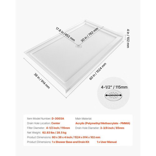 Shower Pan, 60″ L x 36″ W Single Threshold Shower Base, Rectangle Acrylic & PVC gallery