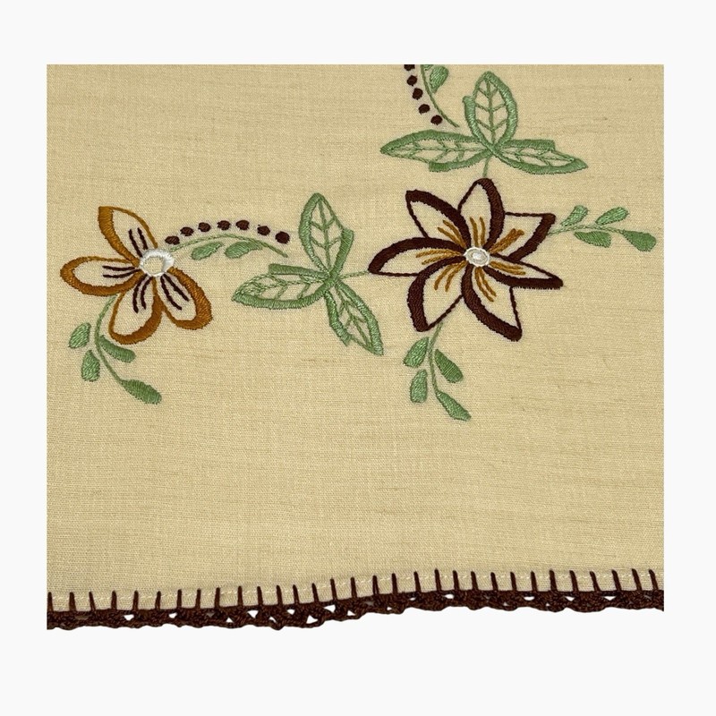 Table Runner Beige Brown Crocheted Edge Green Floral Embroidery Farmhouse 34x13 gallery