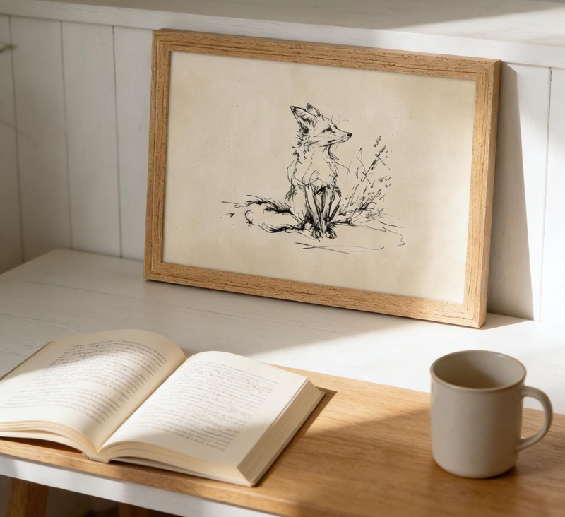 Vintage Solid Wood Framed Fox Sketch Wall Art, Neutral Fox Line Drawing Canva... gallery