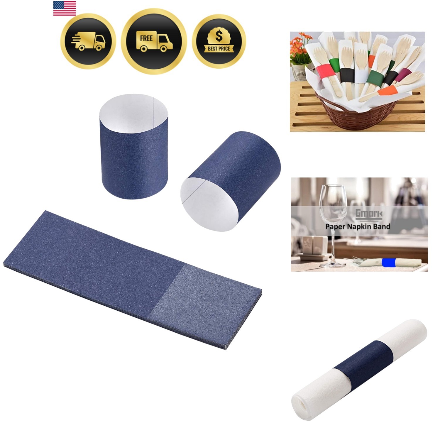 Self-Adhesive Navy Blue Paper Napkin Bands 500 Count - 4.25 x 1.5 Inch Profes... gallery