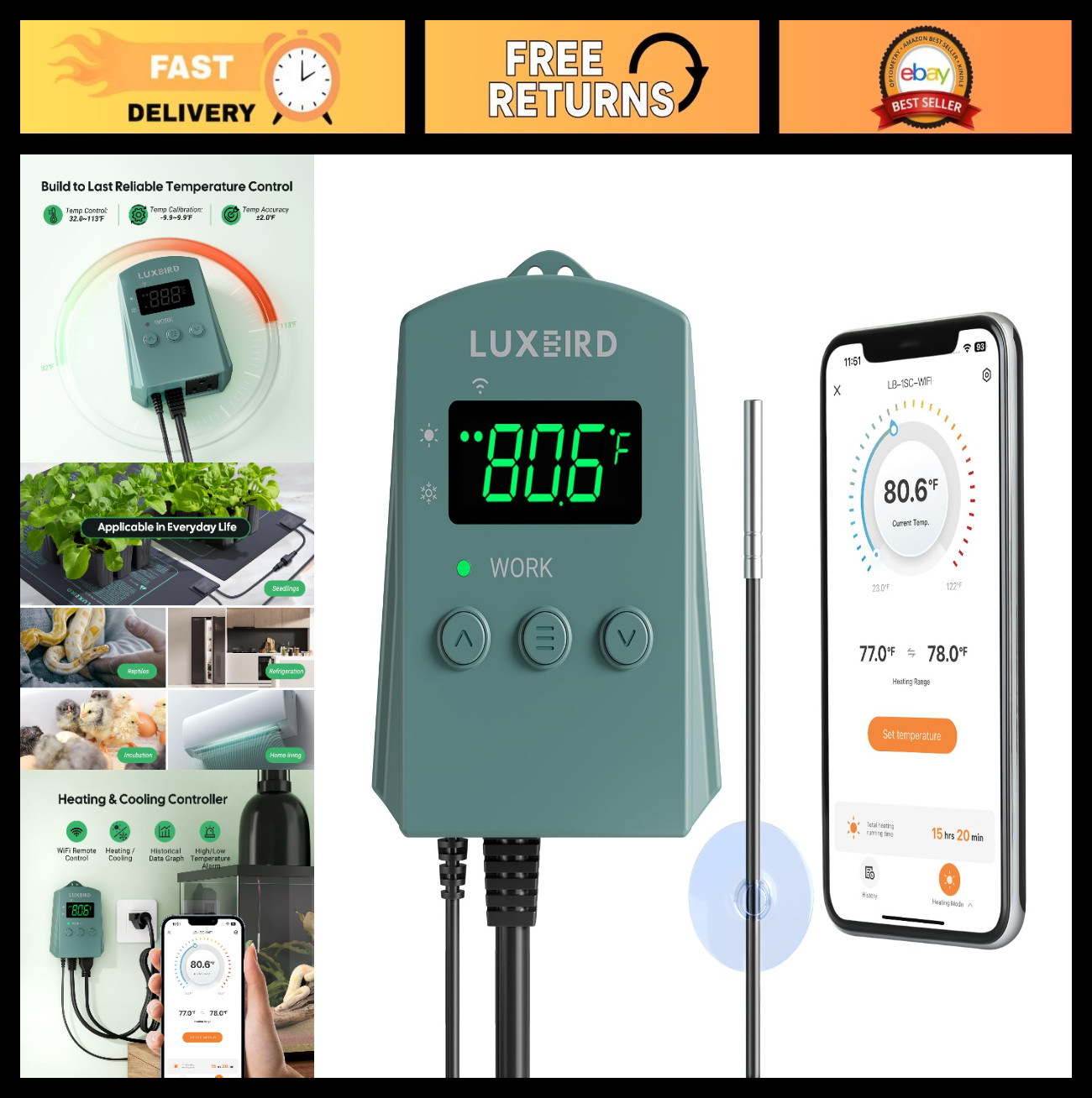 WiFi Digital Heat Mat Thermostat Controller 32-113°F, 1200W, Alerts, Plug & Play gallery