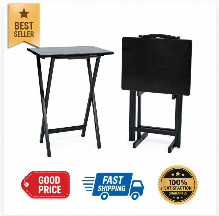 Rubberwood Folding TV Tray Table Set 2Pc Black with Storage Rack gallery