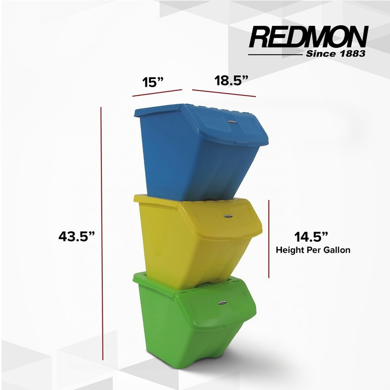 Redmon 10-Gal Stackable Shutter Bins, 3-Piece Recycling Storage Set, Multi-Color gallery