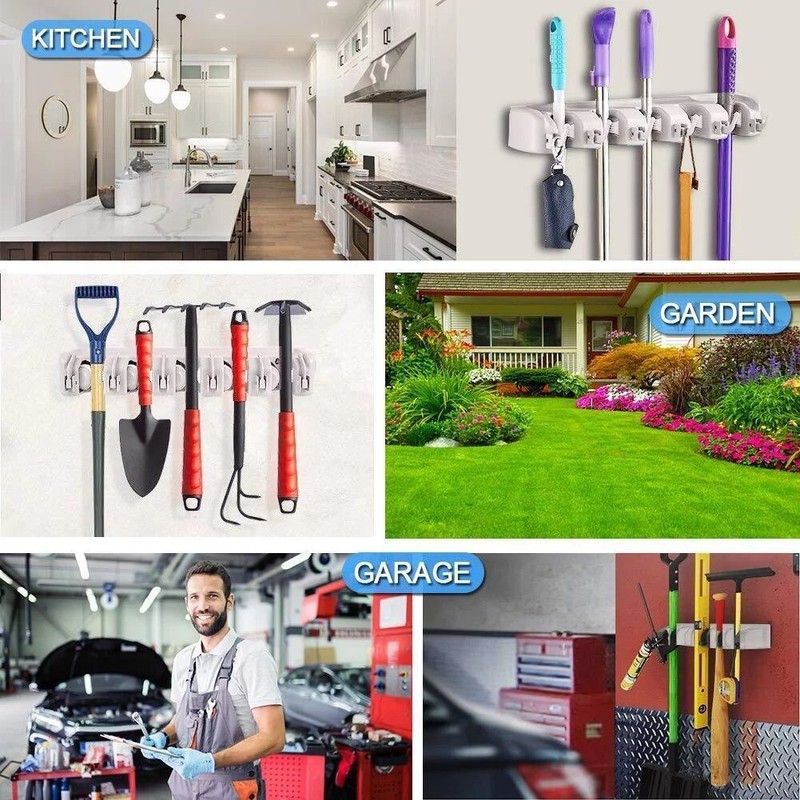 White Wall Mounted Mop & Broom 5 Position Hanger, holds up to 7-1/2 pounds gallery