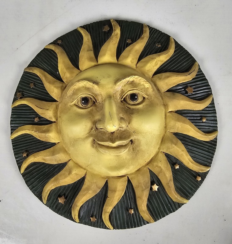 Vintage Sun Face Wall Decor 12” Round Celestial Plaque Gold Green Rustic Boho gallery