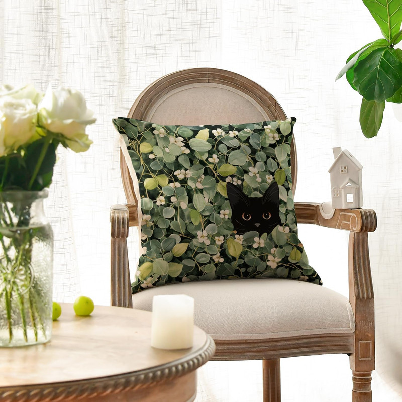 Spring Eucalyptus Leaves Black Cat Floral Throw Pillow Covers, 18 X 18 Inch Flow gallery