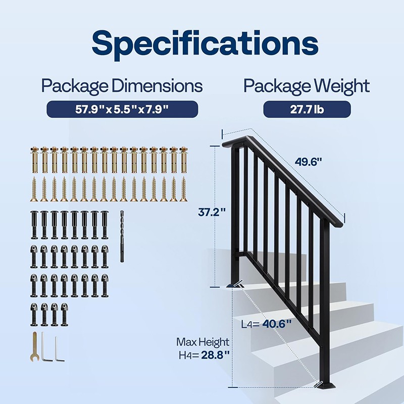 2Pack 4 Step Galvanized Steel HandRails for Outdoor Steps Railing for Porch Deck gallery