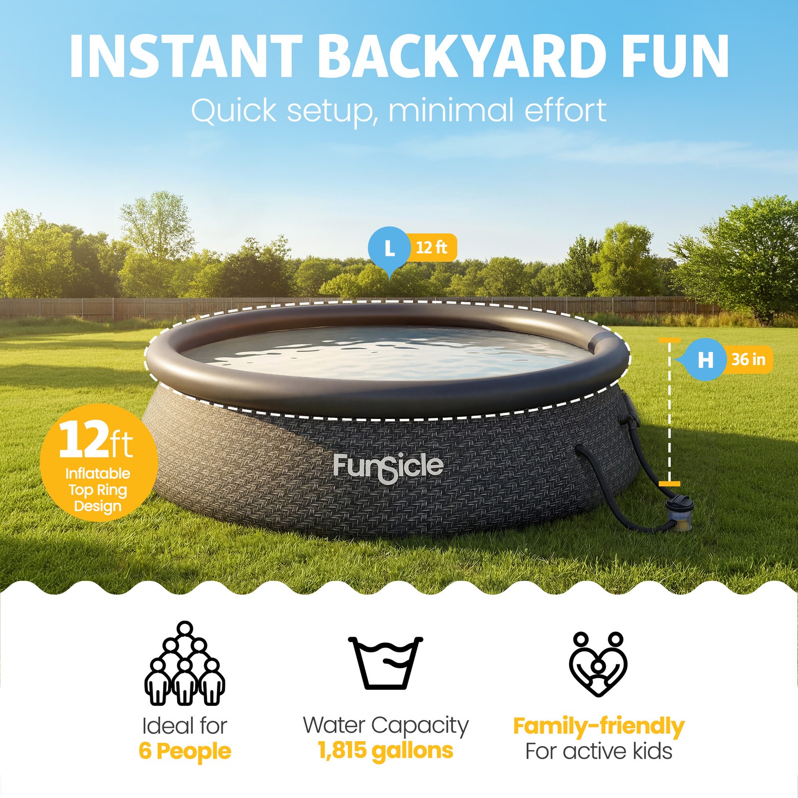 Funsicle 12' x 36" QuickSet Inflatable Ring Top Outdoor Above Ground Pool w/Pump gallery