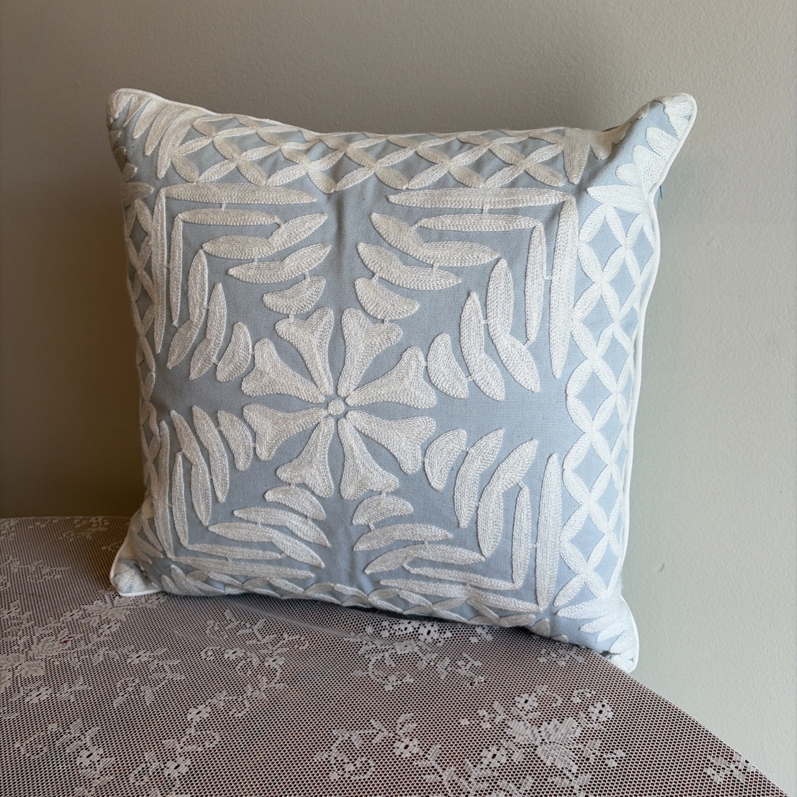 Decorative Throw Pillow Light Blue with White Embroidered Floral Geometric 18” gallery