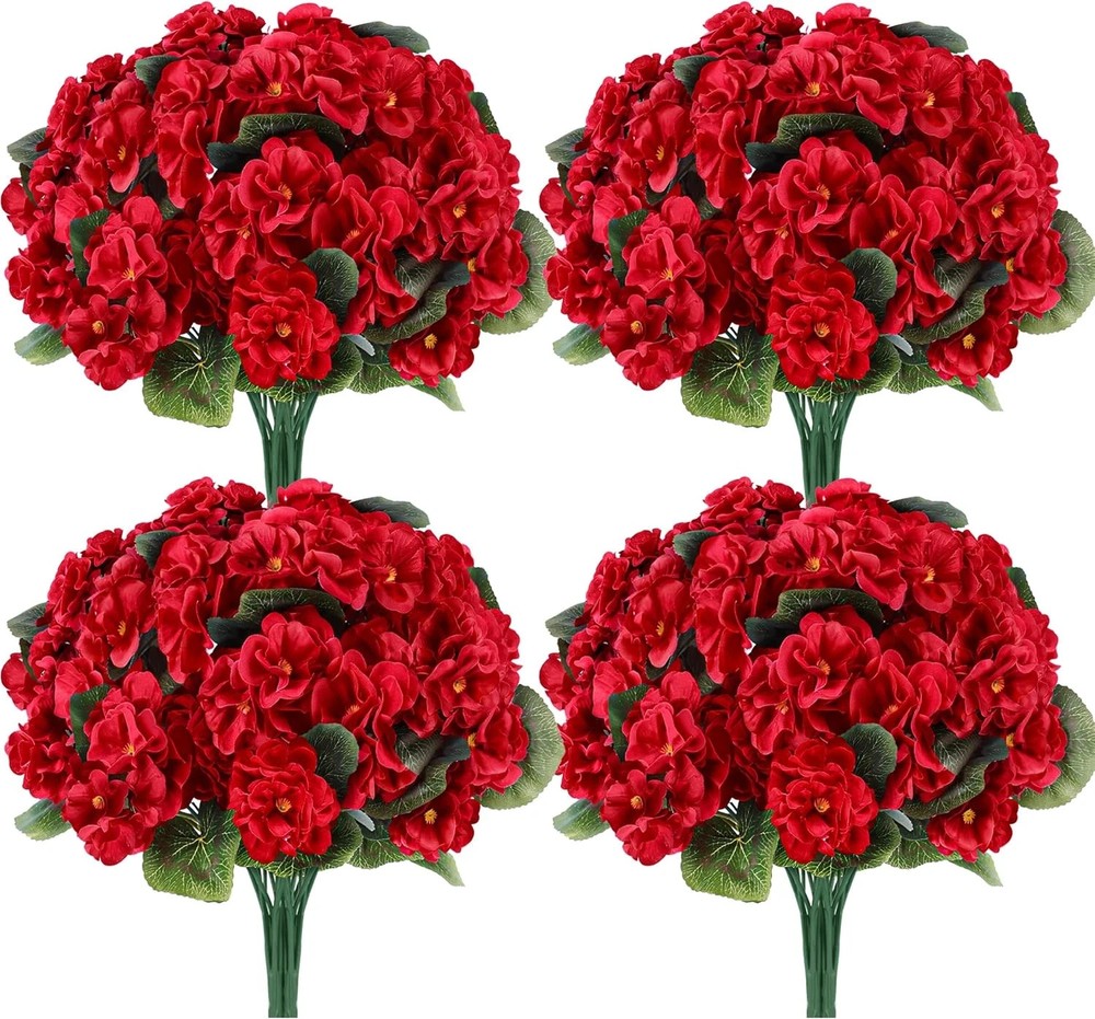 6 Pack Red Artificial Geraniums Flowers for Outdoors UV Resistant Faux Flowers f