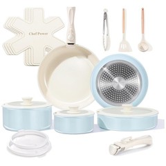 Light Blue Ceramic Nonstick Cookware Set 19pcs – Oven Safe
