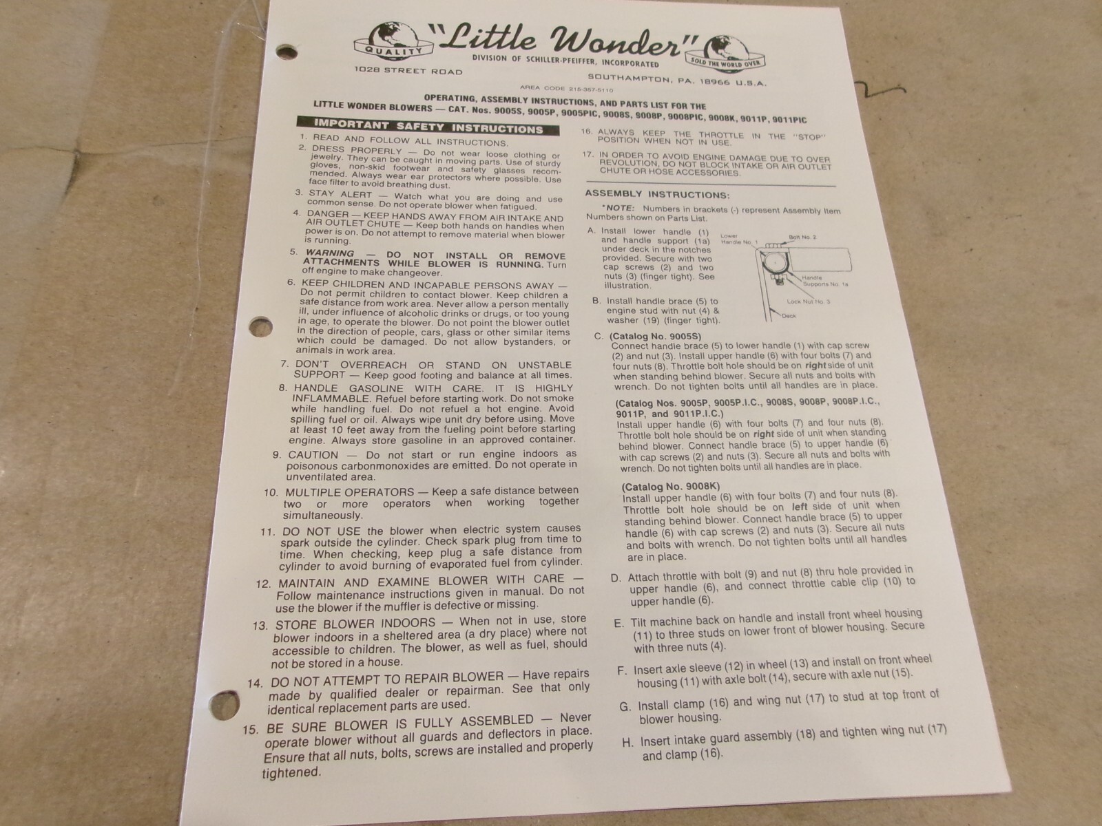 OPERATING, ASSEMBLY INSTRUCTIONS, AND PARTS LIST FOR THE LITTLE WONDER BLOWERS gallery