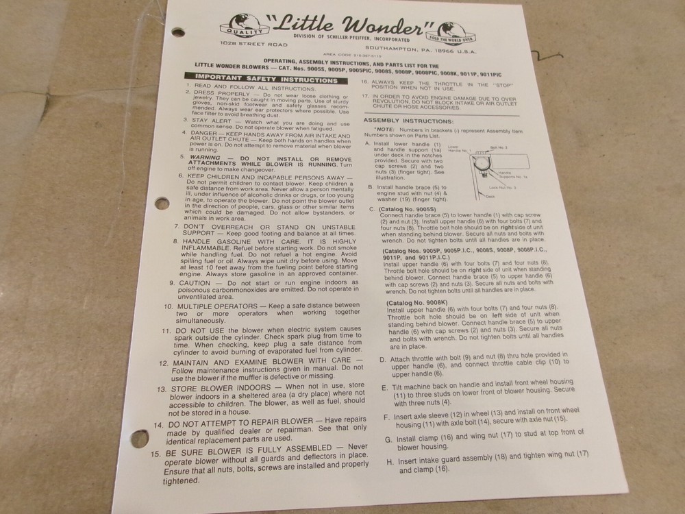 OPERATING, ASSEMBLY INSTRUCTIONS, AND PARTS LIST FOR THE LITTLE WONDER BLOWERS