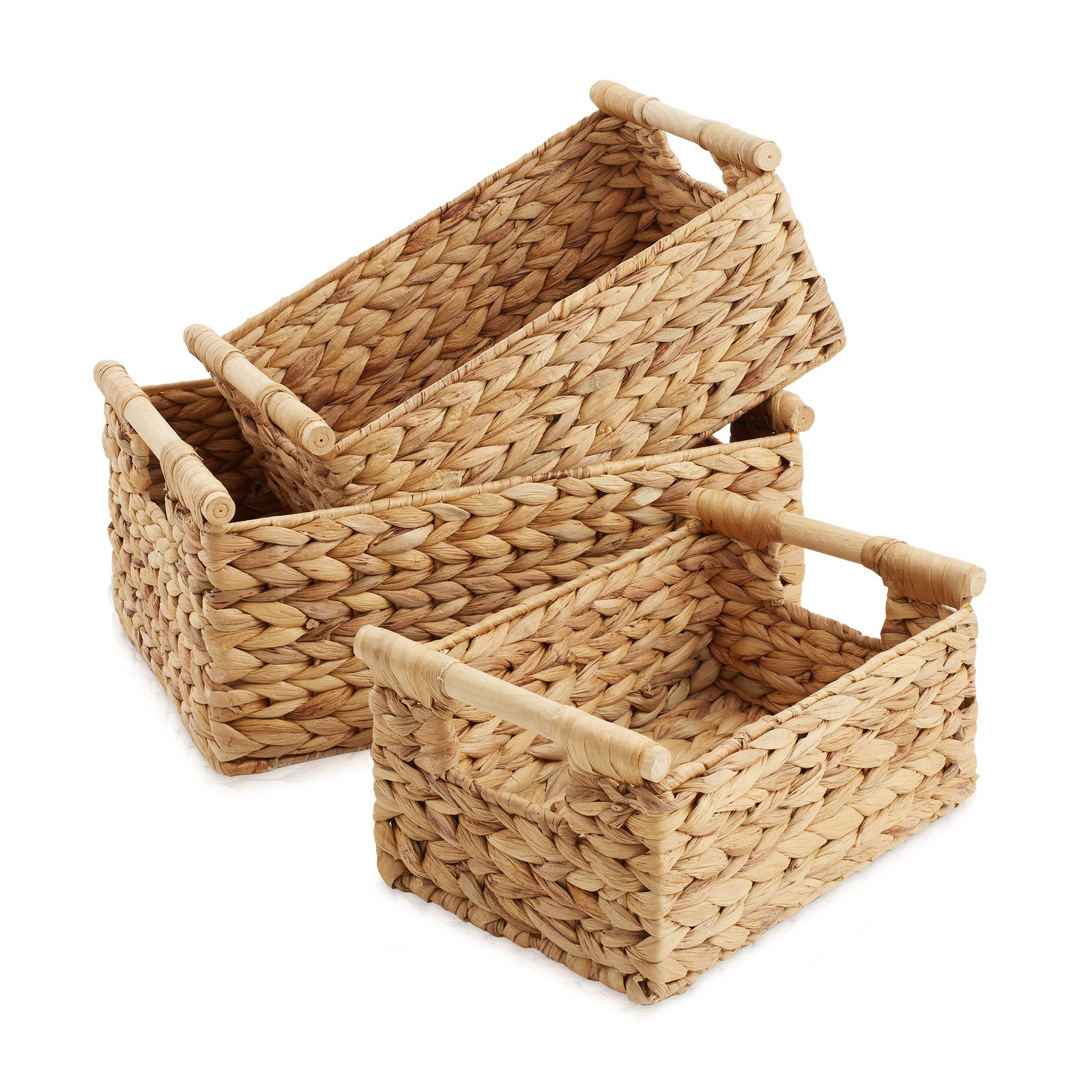 3-Piece Hyacinth Rectangular Storage Basket Set w/ Wood Handles, Natural Wicker gallery