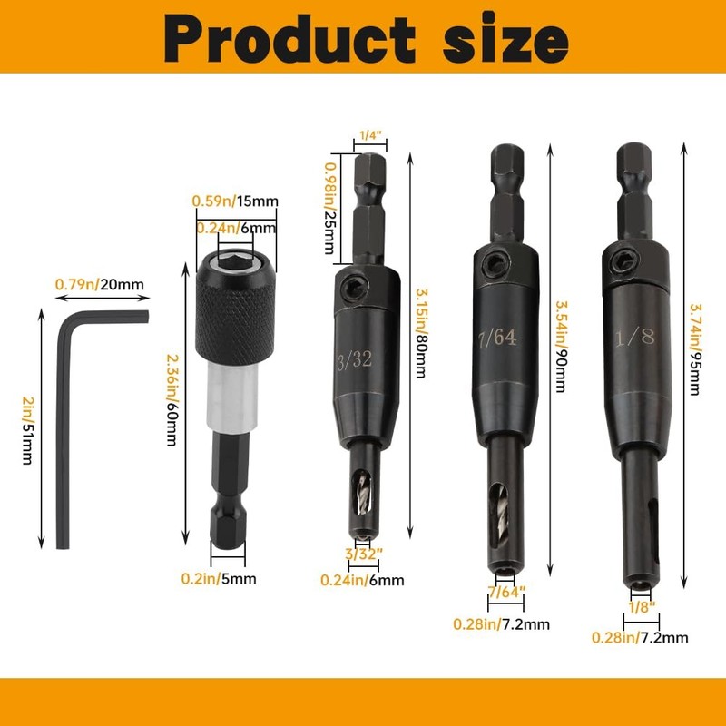 3 Pcs Self Centering Drill Bits Set with Bit Holder,3/32", 7/64", 1/8" for 1/4In gallery