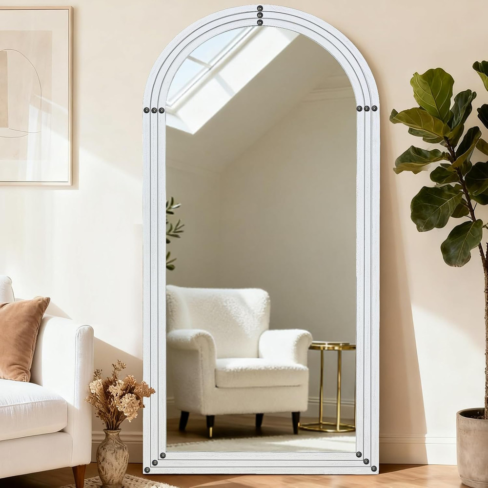 Arched Solid Wood Full Length Mirror 76"x34" - Rustic White Floor & Wall Mount