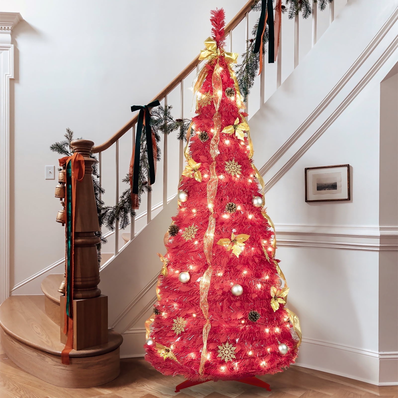 6ft Red Prelit Pop up Christmas Tree Artificial Halloween Party Decor &150 Light gallery