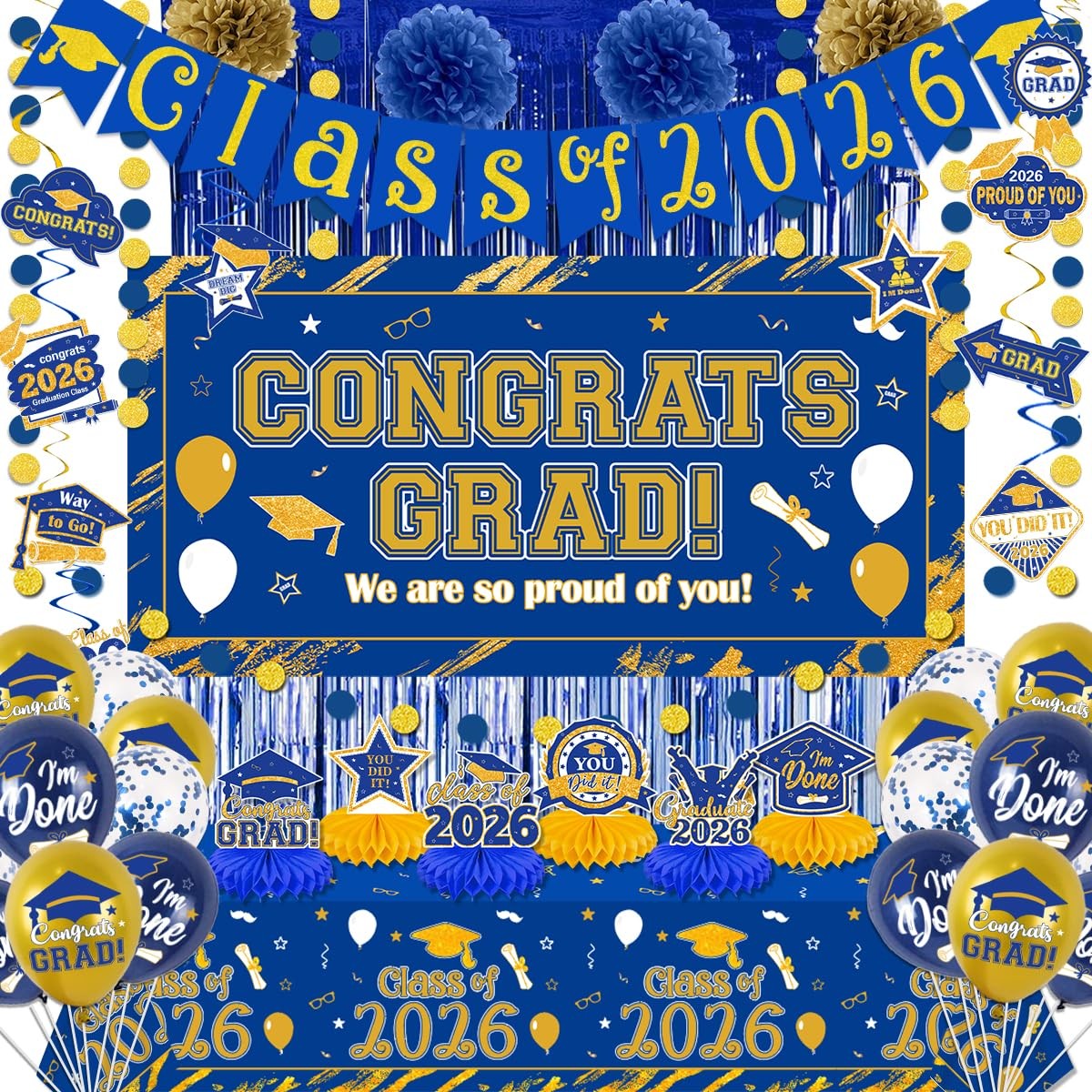Graduation Decorations 2026 Blue and Gold Class of 2026 Banner Congrats Grad Bac gallery