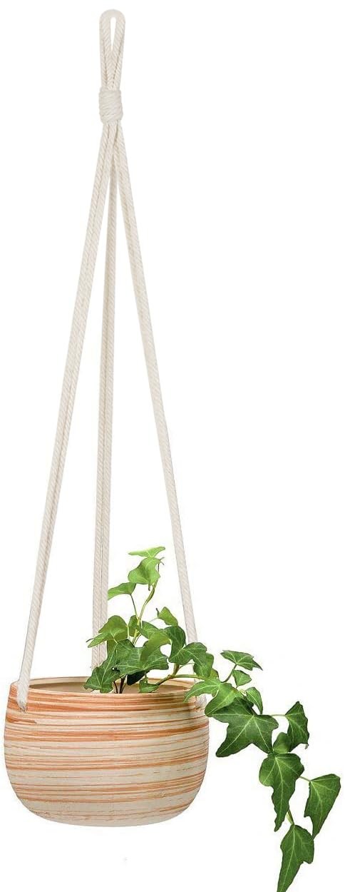 Mkono Ceramic Hanging Planter Macrame Plant Holder 5 Inch 21 1/4", Burlywood gallery